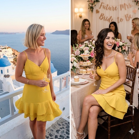 Ever New Mustard Yellow Ruffle Spaghetti Strap Cocktail Party Mini Dress Size 4 - Picture 3 of 14